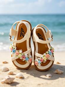 Kids Girls Beige Floral Applique Open Toe Sandals, Braided Strap Ankle Buckle Flat Sandals, Colorful 3D Rose & Lace Decor, Non-Slip Rubber Sole, Comfortable Padded Insole, Breathable Open Toe Design, Sweet Princess Style, Perfect For Beach, Summer, Casual Daily Wear, School, Playdates, Vacation & Party Outfits, Lovely Kids Footwear For Toddlers & Little Girls - 米色 - 查看 1