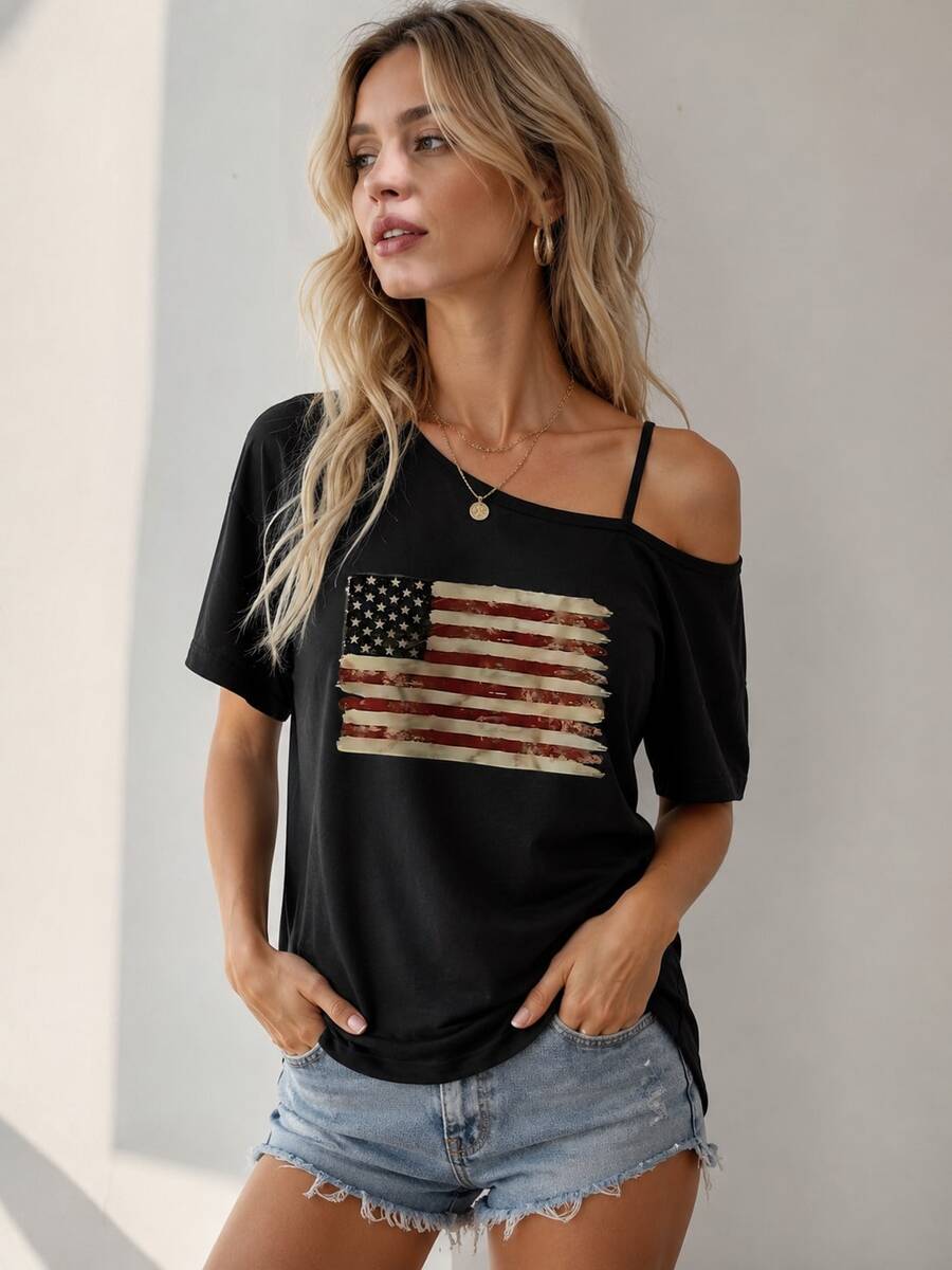 2026 New One-Shoulder T-Shirt, Short-Sleeved T-Shirt, American Flag, Patriotic Print Fashion Top, One-Shoulder Strap, Sexy Off-Shoulder Fashion Outfit - 黑色 - 查看 1