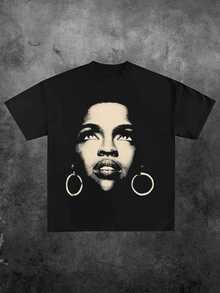 Camiseta Gráfica Retro de Lauryn Hill "Dreadlocks" con Estampado de Retrato de Estudio Vintage, Estampado Casual, Cómoda y Versátil, 100% Algodón Grueso de 220g, Estilo Unisex, 1 Pieza - Negro - Ver 1