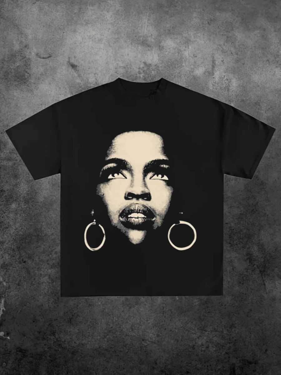 Camiseta Gráfica Retro de Lauryn Hill "Dreadlocks" con Estampado de Retrato de Estudio Vintage, Estampado Casual, Cómoda y Versátil, 100% Algodón Grueso de 220g, Estilo Unisex, 1 Pieza - Negro - Ver 1