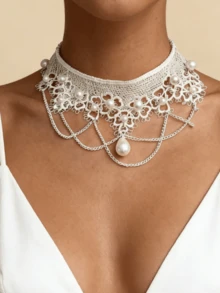 1pc Lace Pearl Tassel Necklace, Suitable For Valentine's Day Wear, Gift For Friends - White - View 2
