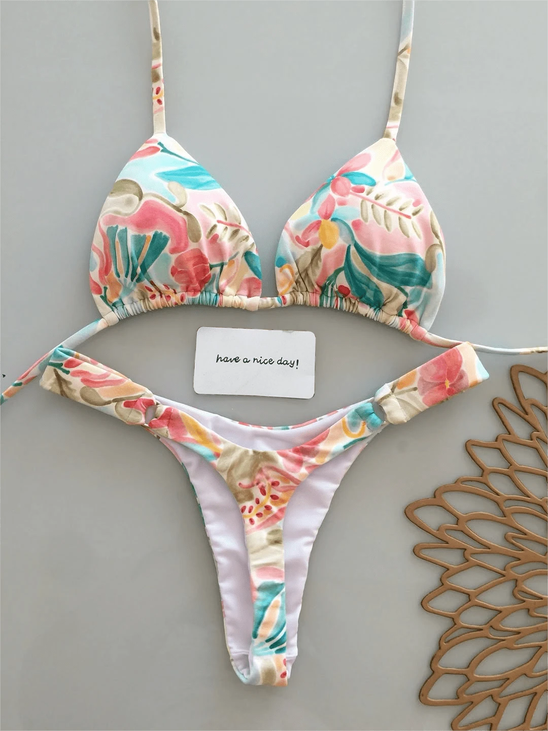 2pcs/Set Summer Women Sexy Backless Leaf Print Bikini Swimwear, Suitable For Beach, Resort, Stage And Concert Vacation - Multicolor - View 1