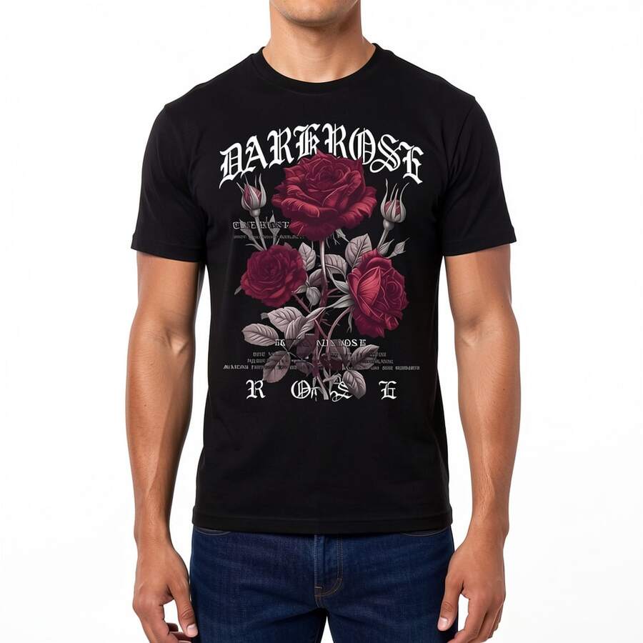 Camiseta de manga corta para hombre con estampado de rosas, estilo casual y versátil, corte holgado, camiseta estampada, camiseta de cuello redondo estilo urbano para - Negro - Ver 1