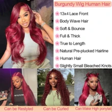 32 Inch 13x4 Lace Front Wigs Human Hair Pre Plucked 99J Burgundy Body Wave Lace Front Wigs With Baby Hair 250 Density, Real Human Hair No Synthetic Blend No Tangle No Shedding Triple Lifespan 3X - S99J - Xem 3
