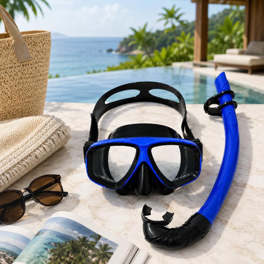 1 Set 2pcs Máscara de Snorkel Ajustable con Doble Lente y Tubo de Respiración para Adultos y Adolescentes, Adecuado para Buceo, Snorkel, Natación y Juegos Acuáticos, Tubo de Respiración Doblado Húmedo con Clip de Fijación, Marco Multicolor Brillante, Lente de Vidrio Templado, Falda de PVC, Conectable y Fijable, Adecuado para Playa, Piscina, Equipo de Snorkel de Vacaciones - Azul - Ver 1
