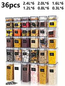 Asnews 28pcs Airtight Food Storage Container With Lid, Plastic Food Storage Room Organization And Storage Without Bisphenol A, Food Cans For Grains, Pasta, Flour, Sugar, Labeled, Marked, Dishwasher , Plastic Food Storage Can, Household Kitchen Supplies - Đen và trắng - Xem 14