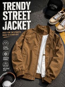 1pc Men's Brown Stand Collar Raglan Sleeve Loose Fit Jacket, Full Zip Design, Pilling Resistant, Machine Washable & Dryable, Retro American Street Style Outerwear, Suitable For Spring/Autumn Commute, Casual Street Style - Brown - View 3