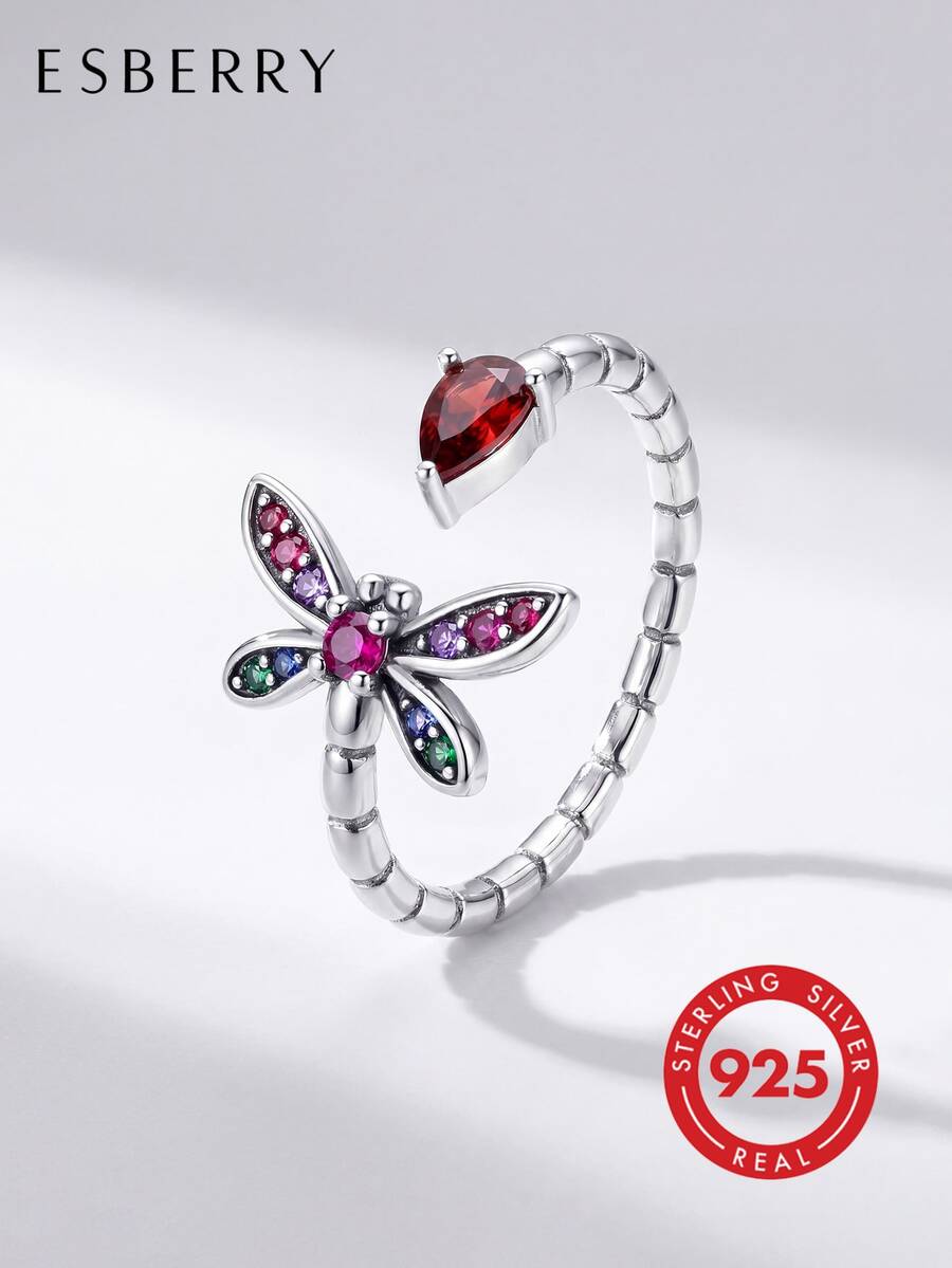 1枚925纯银水钻蜻蜓开口戒指,精致珠宝礼品,适合晚宴/派对、生日/约会、日常佩戴或送礼。 - 石榴紅蜻蜓戒指 - 查看 1