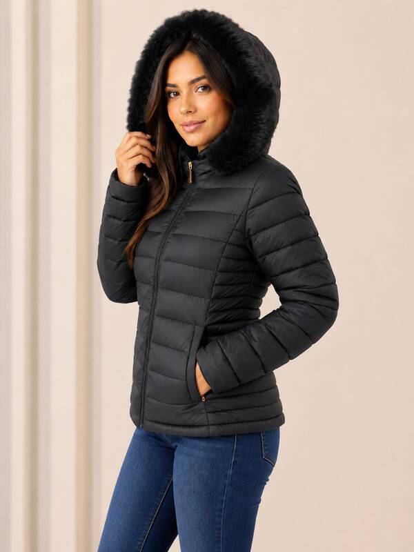 Bobojaco Feminino com Capuz Peluciado, Jaqueta Puffer Preta Acolchoada Quente, Casaco de Inverno Casual Elegante para Outono/Inverno