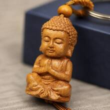 1pc Wooden Buddha Keychain, Natural Wood Monk Pendant, Suitable For Bags And Car Keys, Zen Good Luck Amulet, Spiritual Protection Gift For Men And Women - Rust Brown - View 12
