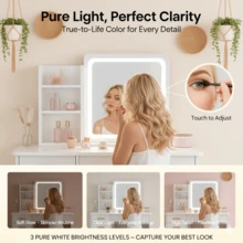 Compact LED Lighted Dressing Table Set With Storage Drawers & Side Shelves, Functional Makeup Desk With Stool, Must-Have Bedroom Furniture, Sweet Gift For Women - 白色 - 查看 3
