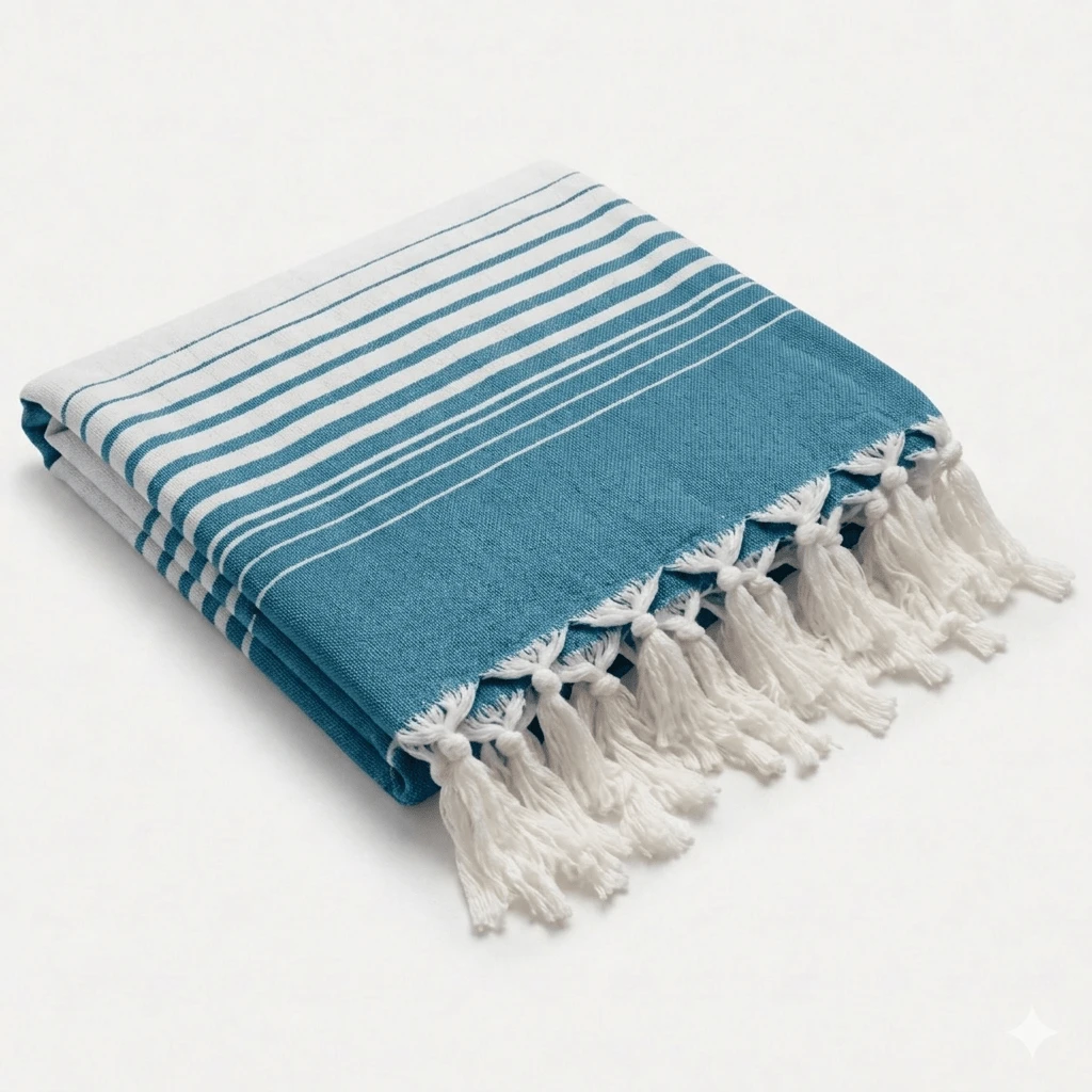 100% Cotton Turkish Beach Towel - Striped Peshtemal With Tassels- Quick-Dry & Soft Boho Beach Blanket - Blue and White - View 1