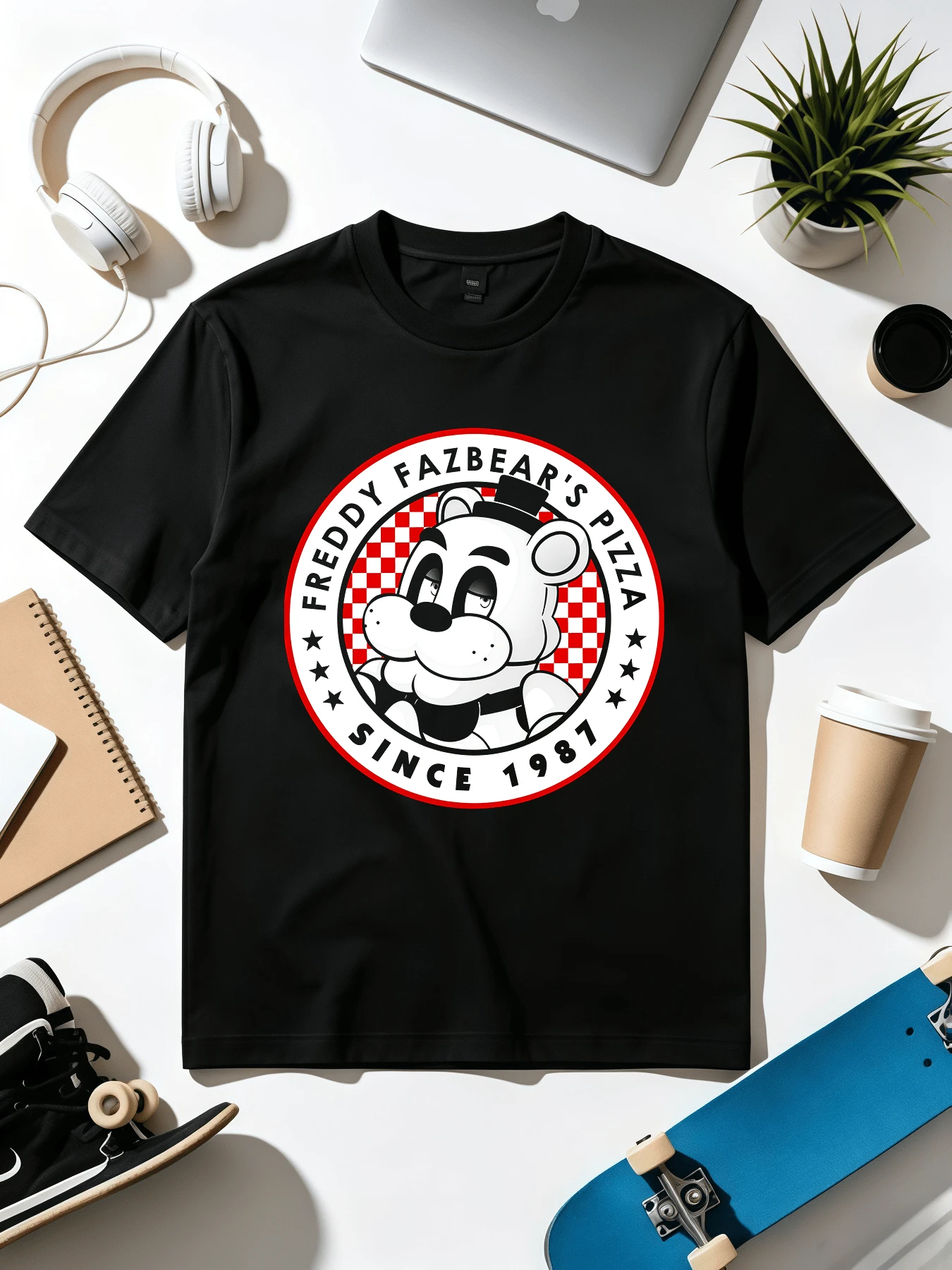 Freddy Fazbear's Pizza 1987 Retro Badge Gaming T-Shirt. Soft Fabric, Loose-Fitting, Everyday Casual T-Shirt. - 黑色 - 查看 1
