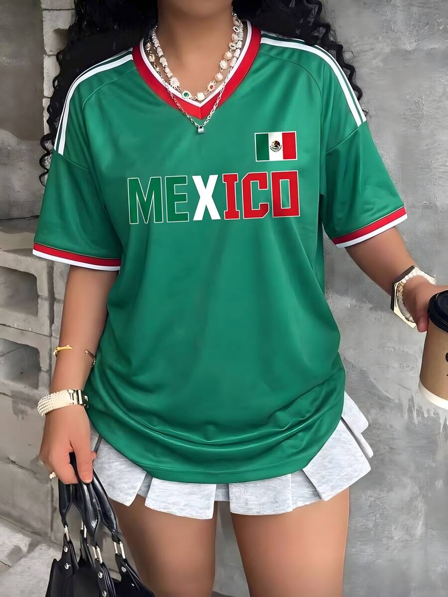 Women's Loose-Fitting T-Shirt, Printed With The Colors Of The Mexican National And Flag, Perfect For Supporting The National Team. Comfortably Soft For Everyday Wear. 100% Cotton, 220 Gsm. Fashionable Everyday Essentials And Holiday Gifts, Unisex. - 綠9 - 查看 1