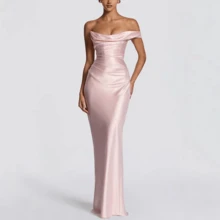 Backless Solid Color Maxi Dress, Women's Strapless Ruched Evening Party Dress - 粉色 - 查看 6
