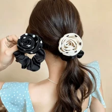 Coletero con lunares y camelia 3D de rosa francesa, elegante liga para el cabello para peinado semirecogido, accesorio para el cabello de uso diario para mujeres, coletero de poliéster retro (poliéster), elásticos para coleta de todas las estaciones, bandas elásticas de goma - Multicolor - Ver 1