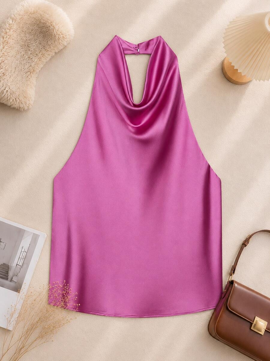 Áo không tay bằng satin, cổ yếm, hở lưng, thích hợp cho mùa xuân/hè. - Màu Hồng Tươi - Xem 1