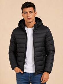 Men's Black Puffer Jacket With Hood, Lightweight And Warm Padded Puffer Jacket, Casual Winter Coat For Everyday Wear - màu đen - Xem 4