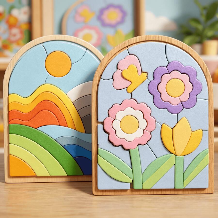 儿童木制3D拼图彩虹卡通积木,早教认知玩具 - 彩色 - 查看 1