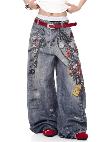 Quần jeans ống rộng nam Hearty Haven 1 chiếc, phong cách đường phố Mỹ, in kỹ thuật số, thời trang, rộng rãi, thoải mái, đa năng (Không kèm thắt lưng hoặc phụ kiện)