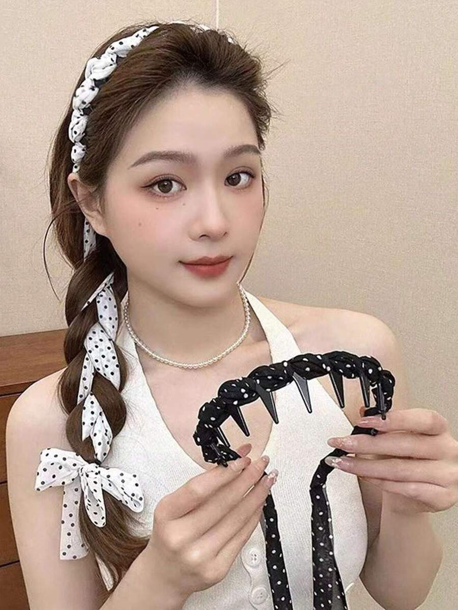 1個/2個 春夏女款溫柔優雅蝴蝶結波點長流蘇鋸齒髮箍,波點緞帶馬尾高頂髮圈,適合搭配洋裝、日常出遊髮型裝飾配件,波希米亞優雅髮帶髮箍 - 彩色 - 查看 1