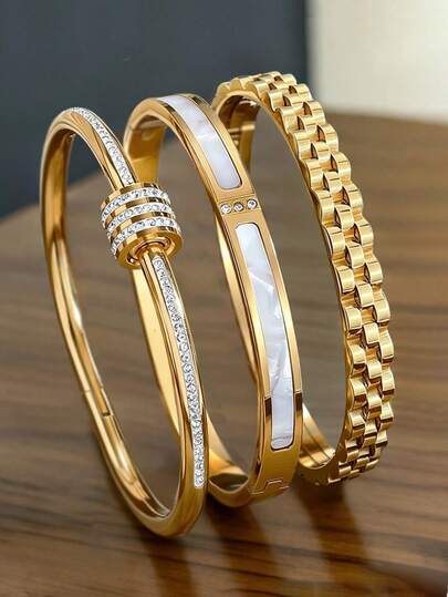 3 / 1pc New High Quality 18K Gold Plated Stainless Steel Bangle. Flower Shaped Zirconia Women's Jewelry Bracelet, Women's Jewelry, Design Includes Chain, Gear, Wave And Shell, Summer