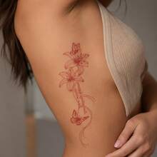 1pc Waterproof Anti-Rub PVC Realistic Butterfly & Lily Flower Tattoo Sticker, Suitable For Girls And Boys Daily Wear - Red - View 4
