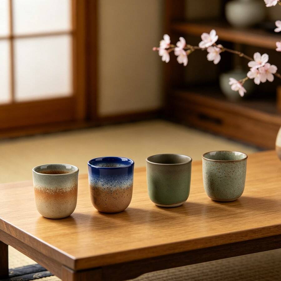 Japanese Ceramic Tea Cup Set Of 4, Aesthetic Handmade Kiln Glaze No Handle Teacups, Vintage Multicolor Pottery Matcha Cup Coffee Cup Water Cup Wine Cup, Artisan Tea Set With Gift Box For Women Home Restaurant Birthday Gift Christmas Gift - Earth Color - View 1