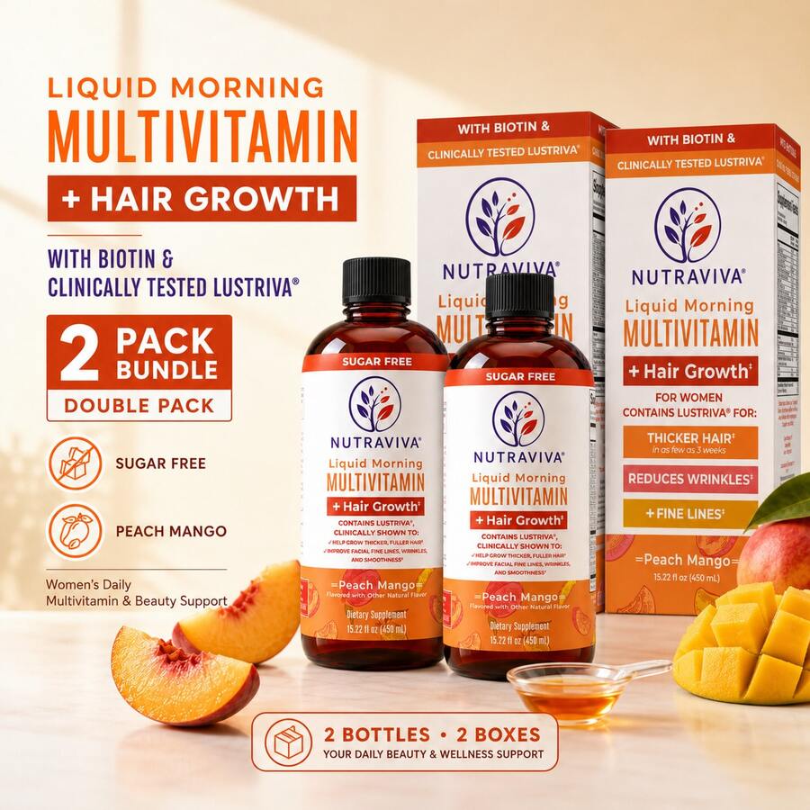 Liquid Morning Multivitamin + Hair Growth For Women 2 Bottles, Sugar-Free Peach Mango Liquid Vitamin With Biotin, Clinically Tested, Vitamins A C D E, Methyl B12, Zinc & Folate, Vegan Beauty Support, 15.22 Fl Oz - 2瓶 - 查看 1