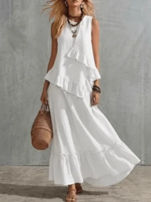 Women's Two-Piece Set, Sleeveless Ruffled Blouse And Long Ruffled Skirt - White - View 1