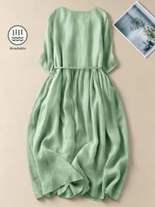 Frühling Sommer Herbst Vintage Bohemian elegantes Damenkleid mit Rundhalsausschnitt, doppellagigen Rüschen, Plissee, Patchwork, Bindegürtel, Knöpfen, mittellang, leicht und atmungsaktiv, Vintage-frisches Rüschen-Dekor, Taillenknöpfe, Kurzarm, süß, vielseitig, elegant, für den Arbeitsweg, schlicht, minimalistisch, leichtes atmungsaktives Material - Grün - Übersicht 3
