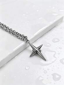 1pc Personalized Minimalist Fashion Stainless Steel Four-Pointed Star Pendant Necklace Men's Daily Basic Jewelry Accessory - Silver - View 1