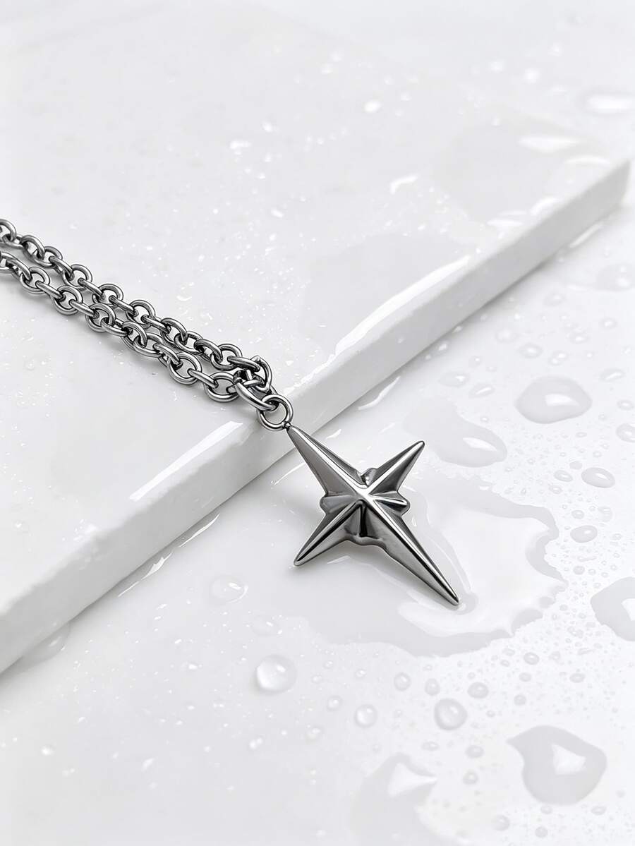 1pc Personalized Minimalist Fashion Stainless Steel Four-Pointed Star Pendant Necklace Men's Daily Basic Jewelry Accessory - Silver - View 1