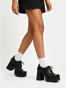 Women's Oxford Shoes Color-Block Heels Square Toe Platform Chunky Heels Lace-Up Mary Janes Shoes For Ladies New Year And Christmas Outfits - màu đen - Xem 6