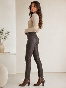 Women's Resin-Coated Leather-Effect Skinny Pants With A High Waist, High Elasticity, A Design That Enhances The Buttocks And Curves, Casual And Elegant For Autumn/Winter. - 巧克力棕 - 查看 6