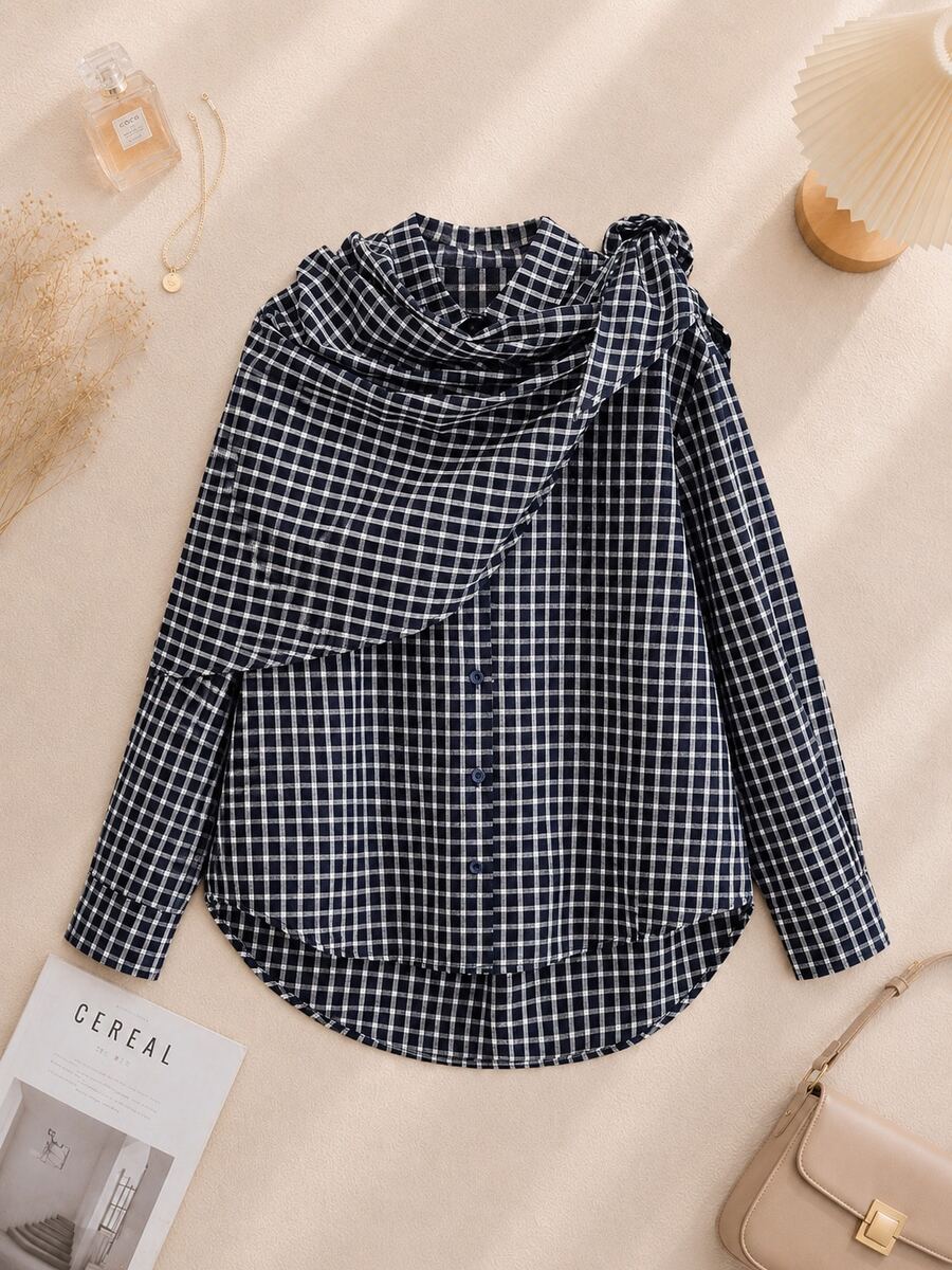 Women's Plaid Casual Versatile Daily Wear Shirt - Navy Blue - View 1