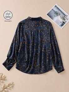 Áo khoác cardigan dài tay cổ polo đa năng họa tiết hoa nhí dành cho nữ cỡ lớn, thích hợp cho kỳ nghỉ xuân. - Màu xanh lam - Xem 2