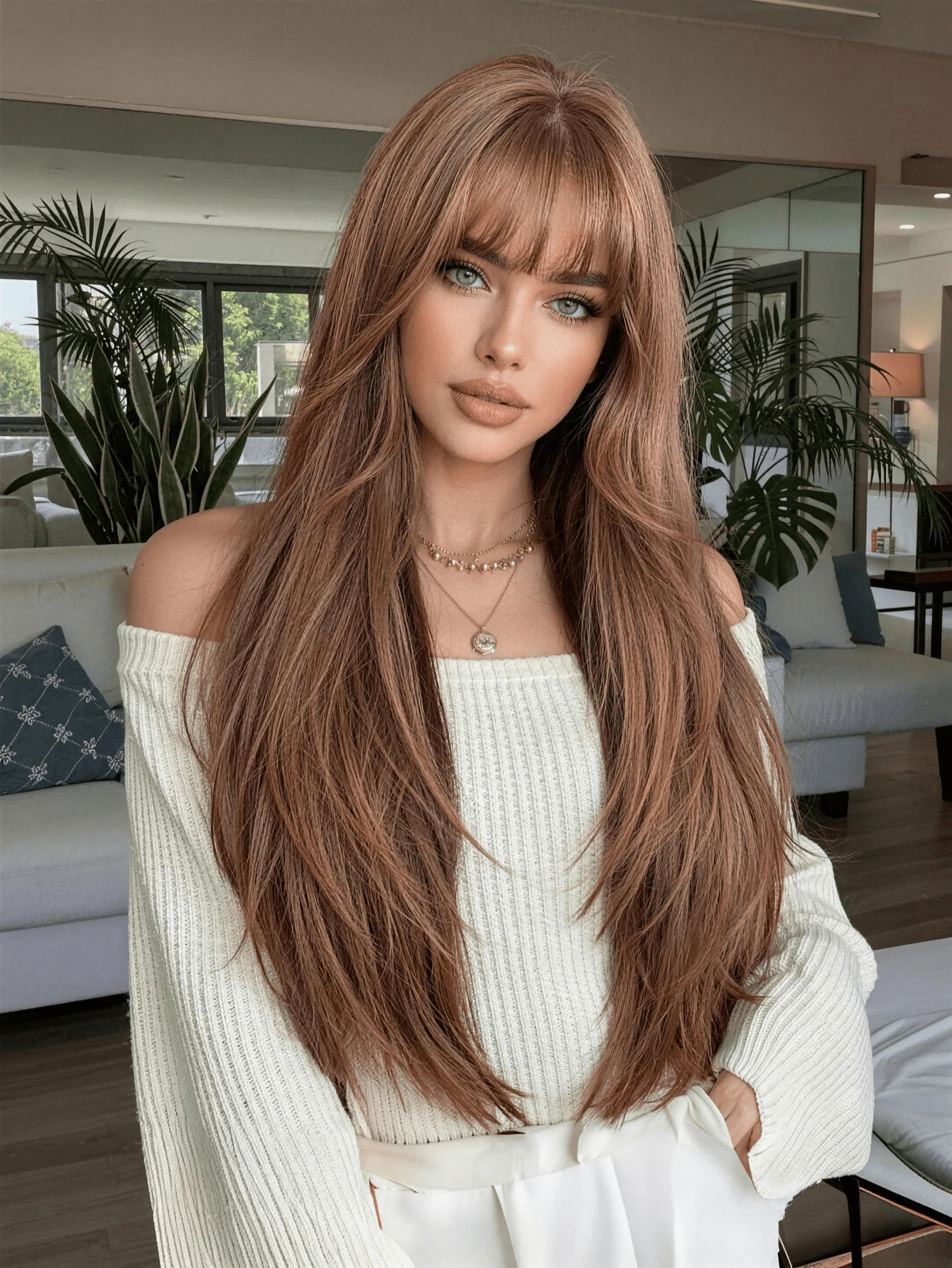 24 Inch Light Brown Layered Straight Wig With Bangs, Heat Resistant Synthetic Wig, Natural Hairpiece For All Seasons - Brown - View 1