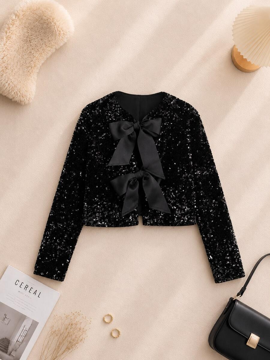 Sequin Bow Detail Cropped Jacket Black Elegant Spring - Black - View 1