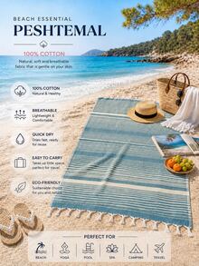 100% Cotton Turkish Beach Towel - Striped Peshtemal With Tassels- Quick-Dry & Soft Boho Beach Blanket - Blue and White - View 3