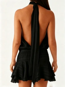 Women Black Chiffon Halter Neck Mini Dress Pleated Sleeveless Open Back A-Line Layered Ruffle Short Dress Vacation Club Party Wear - 黑色 - 查看 5