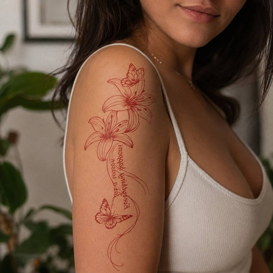 1pc Waterproof Anti-Rub PVC Realistic Butterfly & Lily Flower Tattoo Sticker, Suitable For Girls And Boys Daily Wear - Red - View 1