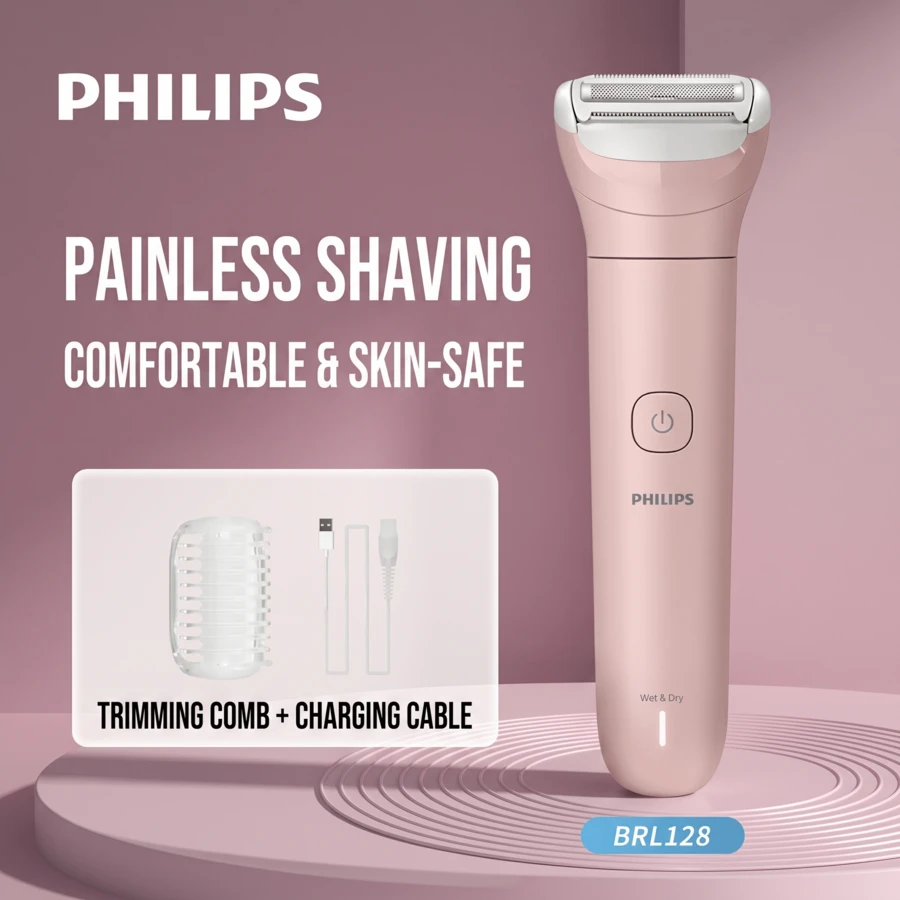 PHILIPS BRL128/80 Portable Electric Epilator, Compact Hair Remover, Dry And Wet Use, Suitable For Whole Body, Includes USB-A Charging Cable + Trimming Comb - Pink - View 1