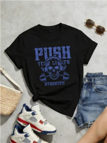 Camiseta de manga corta con cuello redondo suave y casual para mujer, estampado gráfico de calaveras y mancuernas azules para primavera y verano. - Negro - Ver 5