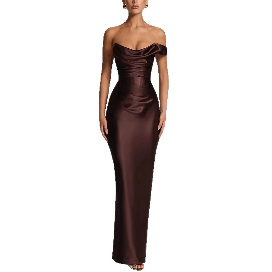 Backless Solid Color Maxi Dress, Women's Strapless Ruched Evening Party Dress - 咖色 - 查看 1