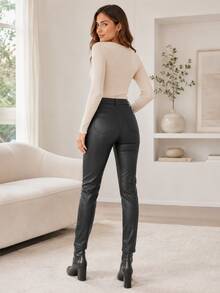 Women's Resin-Coated Leather-Effect Skinny Pants With A High Waist, High Elasticity, A Design That Enhances The Buttocks And Curves, Casual And Elegant For Autumn/Winter. - 黑色 - 查看 5