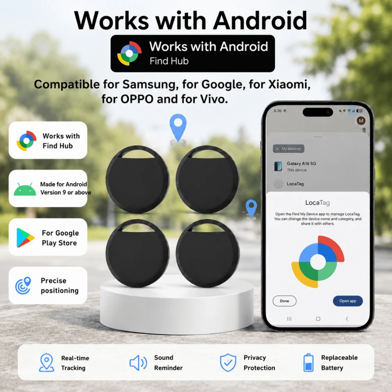 RSH 4 piezas Etiquetas inteligentes para sistema Android, compatibles con la aplicación Find My (Android 9.0+), posicionamiento global preciso anti-pérdida, localizador inteligente para equipaje, llaves, mochilas, mascotas, batería reemplazable, compartir en familia y protección de privacidad