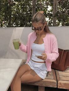 Women's Cardigan Sweater, Round Neck, Single-Breasted Button-Down, Long Sleeve, Sweet Girl Style, Basic Solid Color, Can Be Worn Alone Or Layered, Autumn/Winter - Pink - View 7