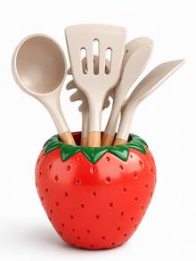 1pc Cute Strawberry Resin Utensil Holder, Playful Fruit Shaped Utensil Storage Box, Durable Resin Material, Can Store Spoons, Forks, Spatulas, Suitable For Kitchen Countertop, Bright Red Design Adds Cheerful Summer Vibe To Cooking Space - Multicolor - View 8