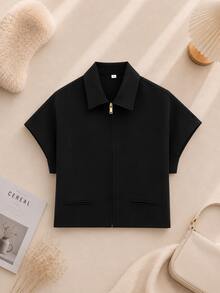 Solid Color Polo Collar Short Sleeve Top, Spring/Summer Black - Black - View 1